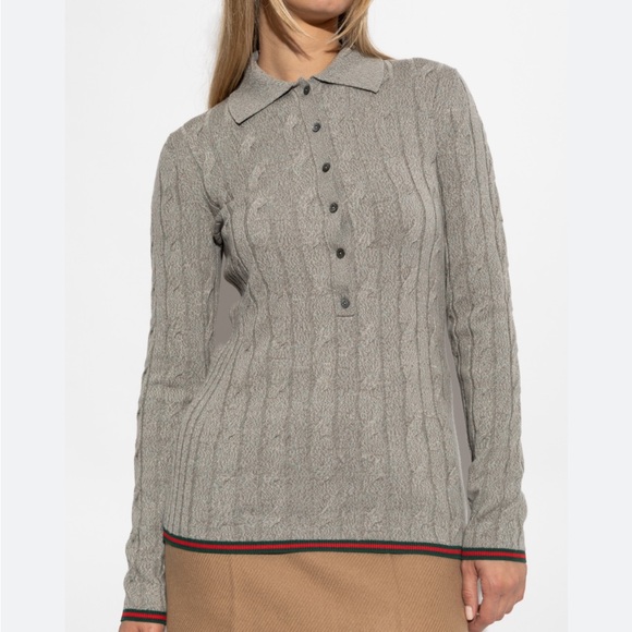 Gucci Sweaters - Gucci Gray Cable-Link Rib Knit Wool Polo Top Button-Up Sweater Women’s Size XS